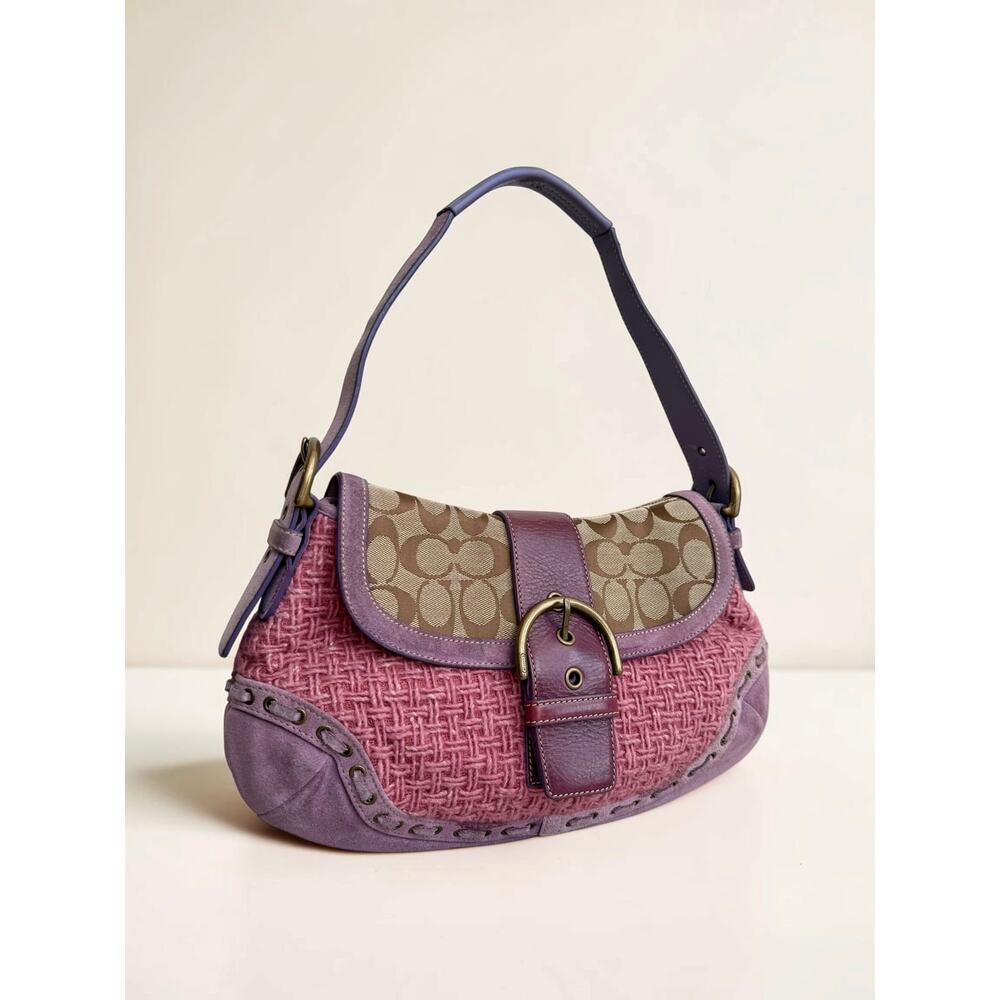 Vintage Coach Pink Tweed Lavender Suede Y2K Soho Flap Bag - Picture 14 of 15